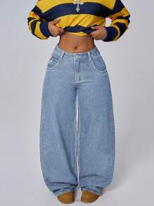 Jeanoix 女式前扣口袋休闲牛仔裤，日常穿着低腰直筒宽松牛仔裤 - 淺藍色 - 查看 6