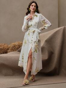 Anewsta 优雅花卉印花收腰衬衫裙，适合春夏节日和毕业典礼 - 白色 - 查看 6