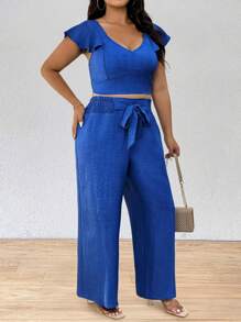SHEIN PETITE مجموعة بحجم كبير ملابس علوية بحمالات من الكشكشة وبنطال ضيق، قطعتان - الأزرق - مشاهدة 6