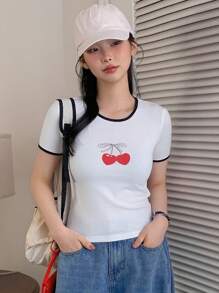 DAZY Women's Cherry Print Trim Round Neck Short Sleeve Casual T-Shirt Cute Tops
