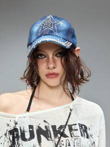 ROMWE Grunge Punk 1pc Rhinestone Embellished Baseball Cap, Y2K Style Star Pattern Design, Casual Personalized Snapback Hat, Daily Wear - Multicolor - View 1