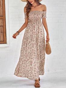 Breezaya Đầm Maxi hở vai hở vai họa tiết hoa mùa hè cho kỳ nghỉ bãi biển dành cho nữ - Màu be - Xem 4