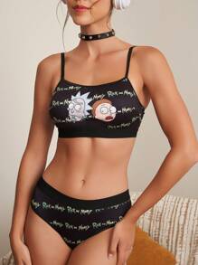 Rick and Morty X SHEIN Conjunto de sujetador y calzón cómodo con estampado de dibujos animados para mujer