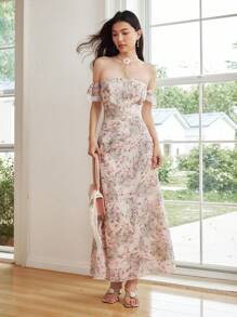 Celisse Vestido de verano nuevo romántico con estampado floral para vacaciones (Patrón floral asimétrico) para mujer