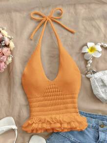 Soleia Top court tricot à encolure dégagée avec volant, style décontracté pour l'été