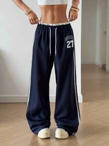 StreetHx Stripe Contrast Letter Print Straight Drawstring Women Sports Pants
