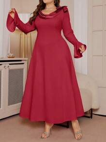 SHEIN Unity 甜美减龄宽领设计长袖中长裙，2025新款时尚百搭长裙，优雅方领长袖连衣裙，高端粉色A字裙，束腰 - 紅色 - 查看 7