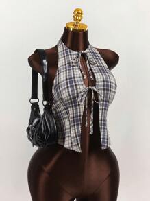 Amplova Women's Sheer Plaid Mesh Bowknot Strap Camisole Top - Multicolor - View 9