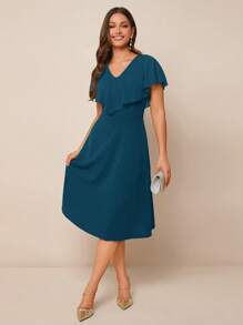 SHEIN Clasi Ladies' Mid-Length Green Dress With Ruffle Hemline - Teal Blue - View 4