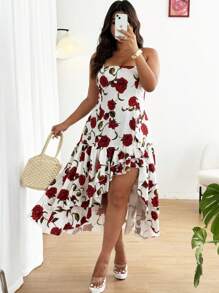SHEIN Clasi Plus Size Women Elegant Floral Print Asymmetric Hem Slip Dress, Summer - Red and White - View 4