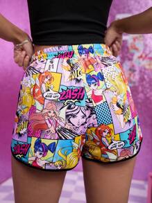 The Winx X SHEIN Women's Summer Y2K Cute Comics Cartoon Figure Graphic Drawstring Waist Shorts, Summer Concert Women Gyaru Disco Rave - Yellow - View 2