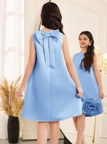 SHEIN Tween Girls' Elegant Lovely Frill Round Neck A-Line Swing Dress With Bow Decor On Back - Baby Blue - View 2