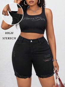 SHEIN PETITE CURVE Plus Size Women's Black Denim Elastic Skinny Ripped Shorts Summer Summer For Women Vacation Women Cowgirl For Women Western Wear Women Business Casual Woman Festival Airport For Women Graduation Rave Rave Festival Y2k Women Cowboy Streetwear Gyaru 2000s Disco - Black - View 6