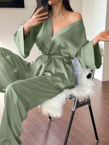 DAZY Minimalist Satin Robe With Pants Pajama Set - Green - View 3