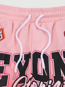 ROMWE MEN Prep Men's Racing Print Ombre Letter Graphic Casual Shorts - Pink - View 5