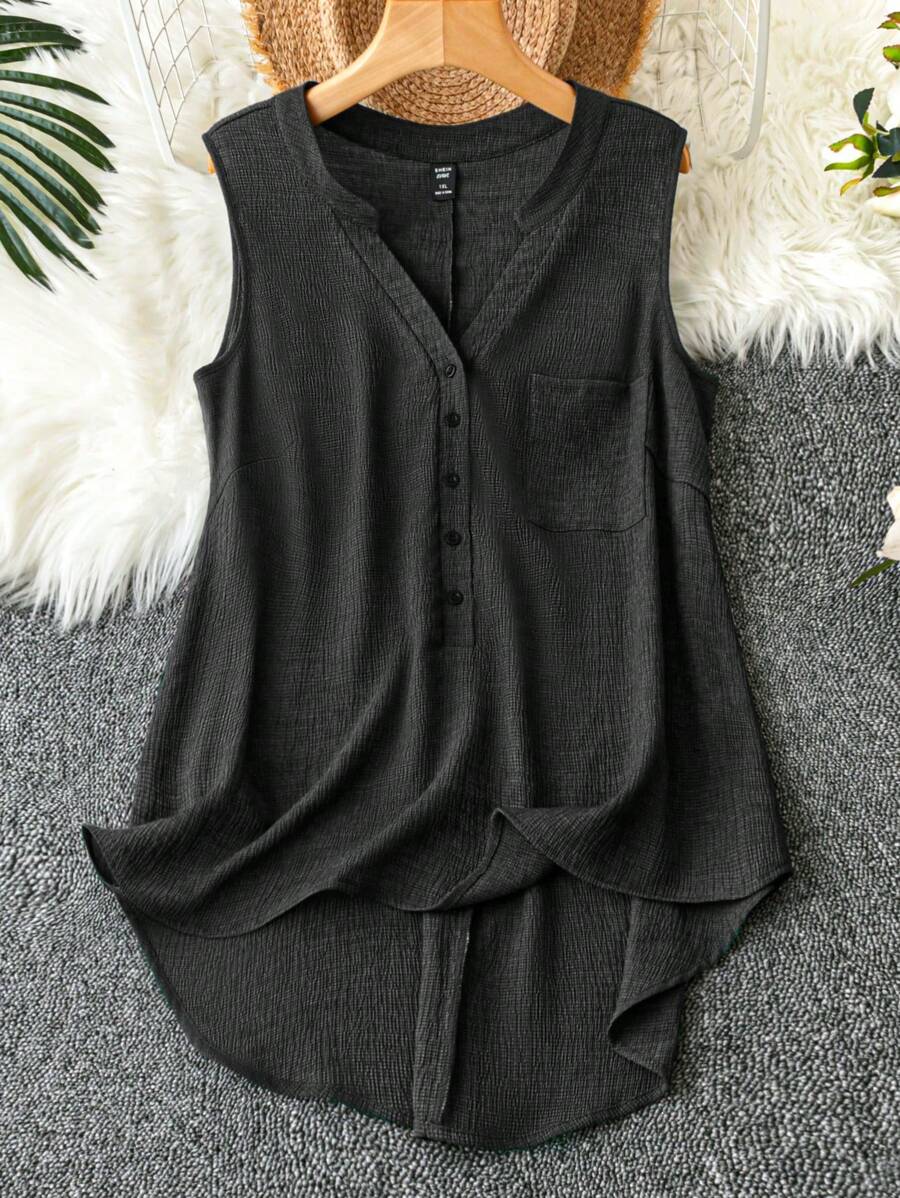 SHEIN LUNE 夏季大码无袖休闲纯色衬衫 - 深灰色 - 查看 1