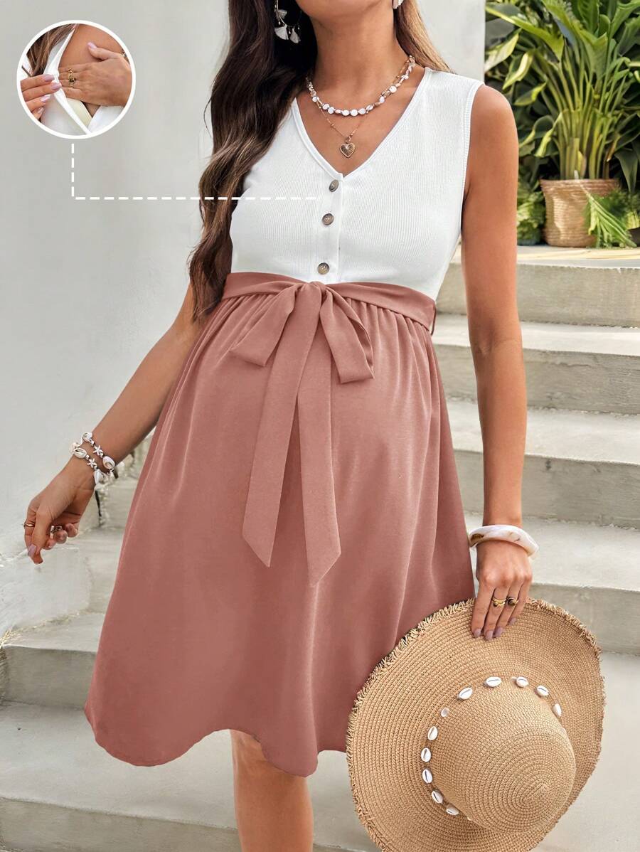 SHEIN Pregnant & Nursing Summer Casual Colorblock Button Front Sleeveless Dress - Dusty Pink - View 1