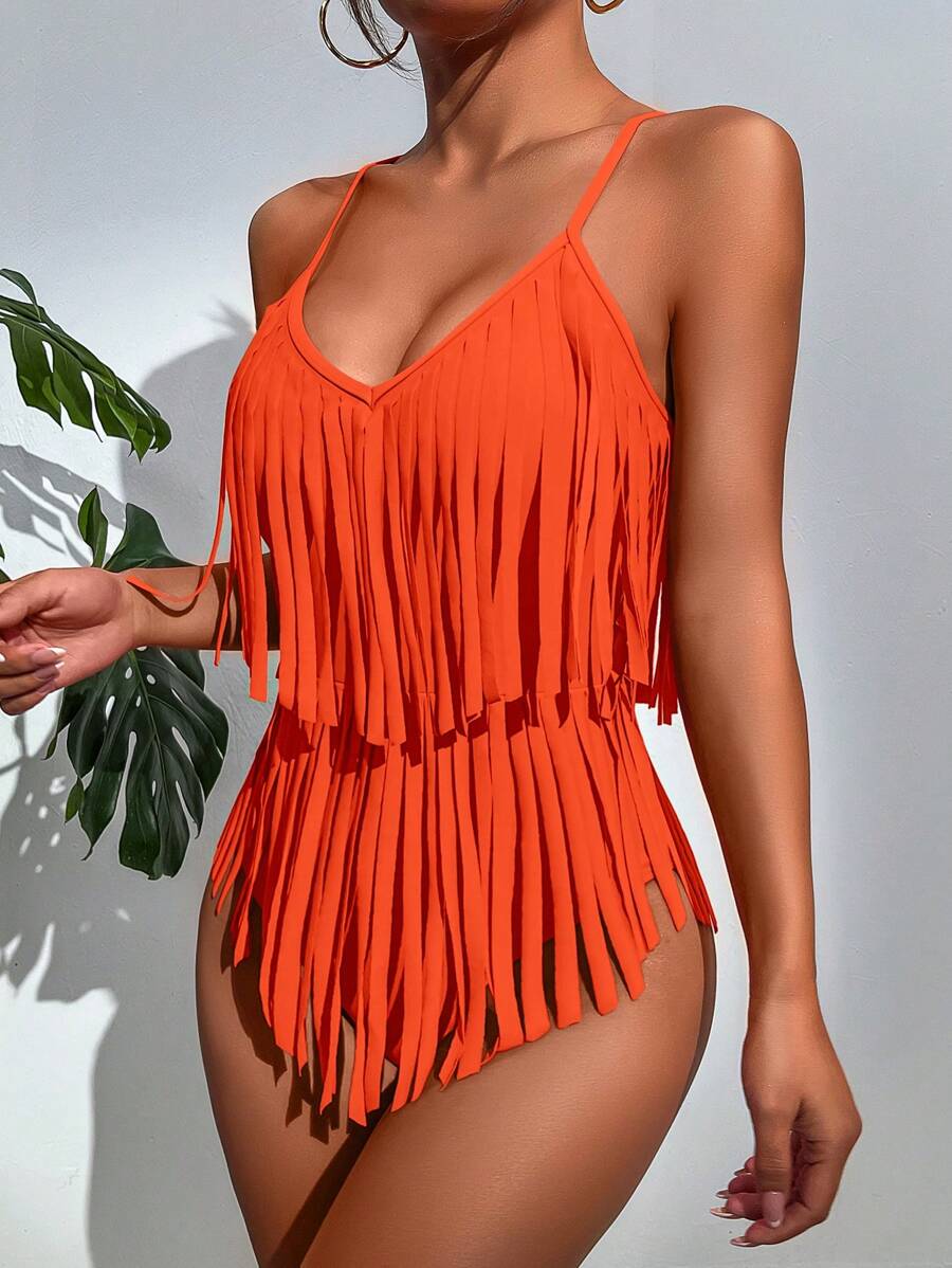 Swim Vcay 1pc Solid Color Vacation Beach Tassel Decor Camisole One-Piece Swimsuit For Summer - Orange - View 1