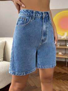 SHEIN EZwear Quần short denim ống rộng cạp cao mùa xuân - Rửa trung bình - Xem 3