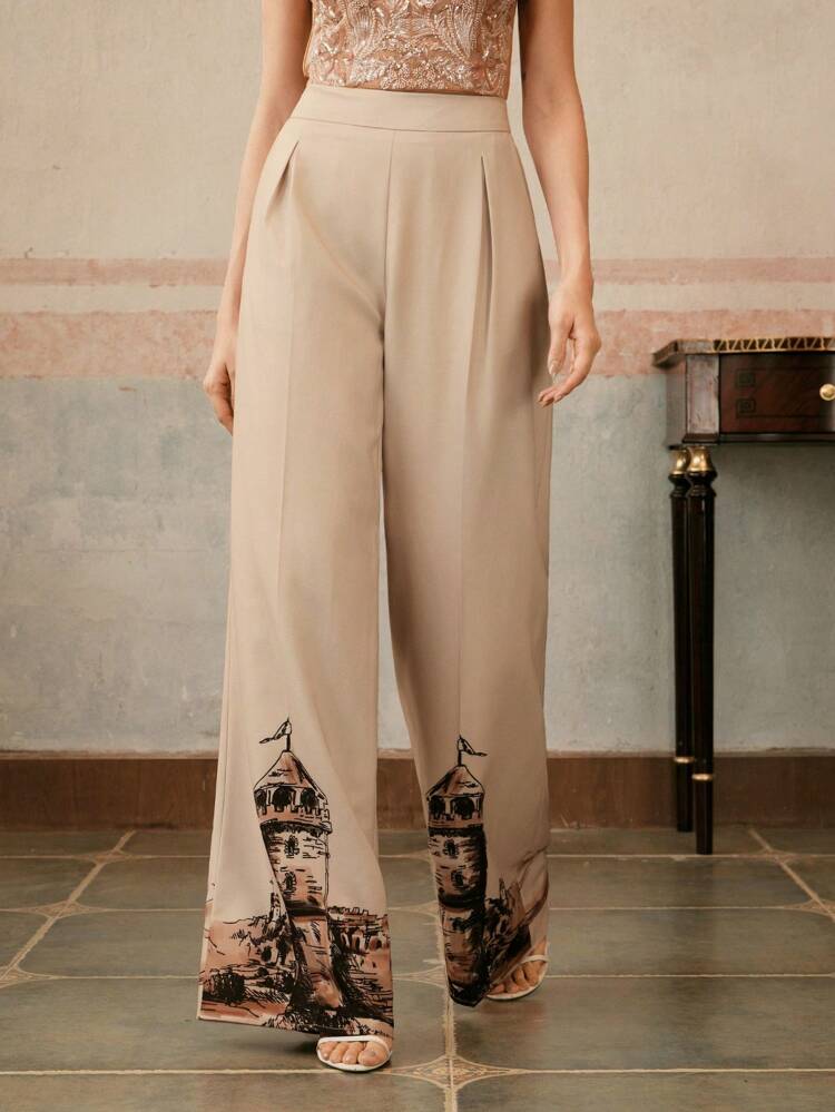 Anewsta Elaire Linen Retro Castle Print Wide Leg Loose Pants, Casual Trousers For Spring Summer Festival Graduation