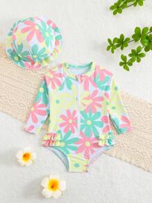 2pcs/Set Newborn Baby Girls' Cute Floral Print Long Sleeve One-Piece Rash Guard Swimsuit With Swimming Cap Girl Infant Girl Clothes Spring Baby Girl Spring Clothes Baby Clothes For Girls Tropical Baby Clothes Tropical Baby Clothes Girl