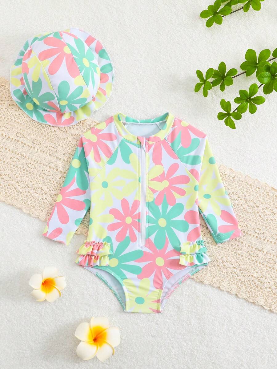 2pcs/Set Newborn Baby Girls' Cute Floral Print Long Sleeve One-Piece Rash Guard Swimsuit With Swimming Cap Girl Infant Girl Clothes Spring Baby Girl Spring Clothes Baby Clothes For Girls Tropical Baby Clothes Tropical Baby Clothes Girl