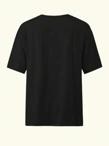 Nueva camiseta con estampado de oso de dibujos animados, top casual suelto de moda con cuello redondo, apto para uso diario en primavera y verano - Negro - Ver 2