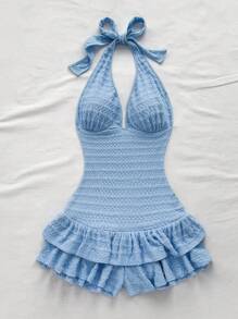 Soleia 女士纹理针织系带连体裤 - 深 V 领、无袖、系带腰部、荷叶边下摆、修身款式，适合派对、约会、下午茶，时尚都市度假 - 藍色 - 查看 5