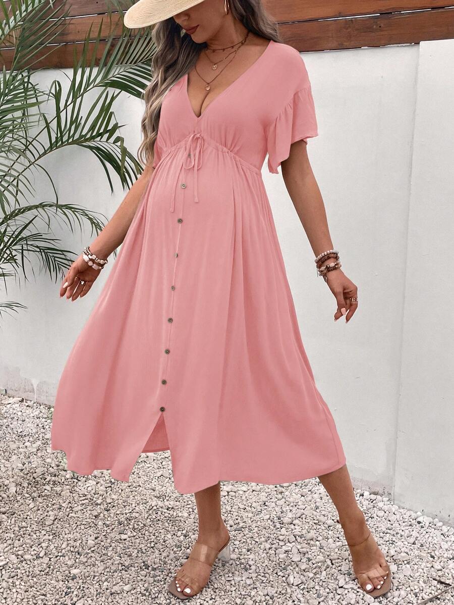 SHEIN Váy bầu tay ngắn cổ chữ V màu trơn, thời trang cho mùa hè - Hồng - Xem 1