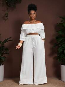 Veslaya Ensemble printemps-été 2025 grande taille - Top court à manches 5/courtes avec volants à l'épaule et texture de bambou + Pantalon taille haute à jambe large avec cordon de serrage et poches. Convient pour la plage, la villégiature, les festivals de musique, le style western vintage, les sorties décontractées, le tourisme, les vacances en ville - Blanc - Voir 2