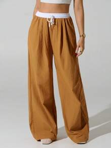 Hanevo Women's Casual Outdoor Elastic Waist Contrast Color Pleated Pocket Long Pants Fall Cloth For Women - Yellow - View 3