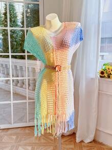 Skyraze Women's Loose Micro Hollow Beach Holiday Dress, Summer Cover Up - Multicolor - View 1