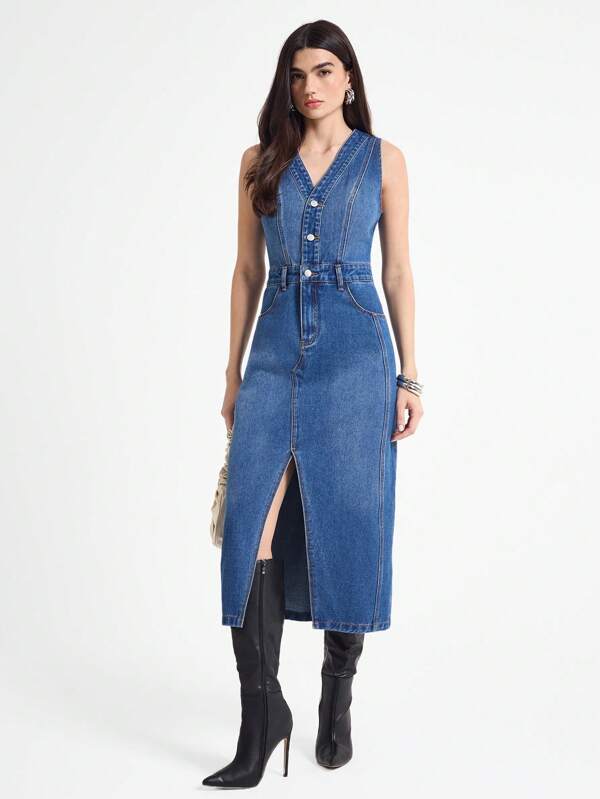 Daynim Vestido Denim Desbotado de Decote em V Sem Mangas com Fenda para Mulheres