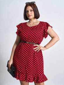 Chikora Plus Size Women Polka Dot Print Round Neck Ruffle Sleeve Short Shift Dress, For Summer,Office Outfits For Women - Red - View 4