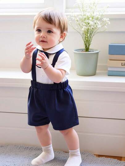 男婴褶皱撞色饰边纯色短袖衬衫和撞色背带短裤全套，优雅绅士，适合派对，适合夏季
