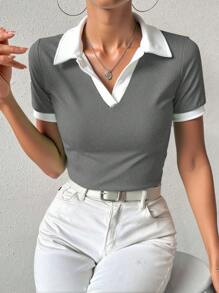 EMERY ROSE Contrast Trim Short Sleeve Tee - Grey - View 5