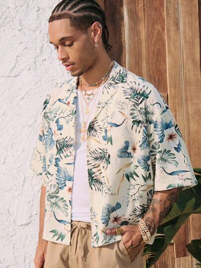 Street Life Men's Floral & Plants Boxy Fit Loose Shirt, Vacation Shirt