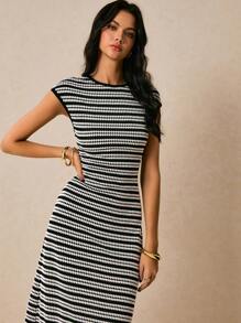 Poéselle Women's Casual Striped Round Neck Cap Sleeve Dress, Summer - Black and White - View 8
