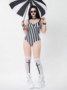 ROMWE Goth Gothic Striped Print Push-Up Underwire One-Piece Swimsuit, Halloween