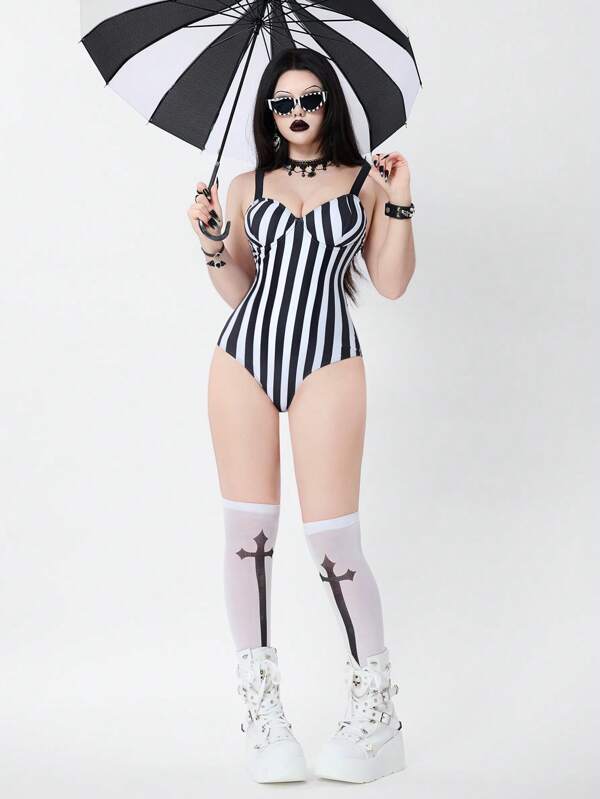 ROMWE Goth Traje de baño de una pieza con relleno push-up y aros con estampado monocromático a rayas en estilo gótico