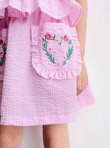 SHEIN 小女孩条纹泡泡袖衬衫和心形花卉刺绣裙子两件套，夏季 - 彩色 - 查看 5