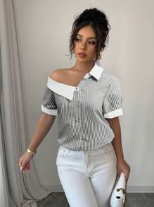 Chiquease 女士休闲优雅不对称领短袖单排扣衬衫 - 灰色 - 查看 3