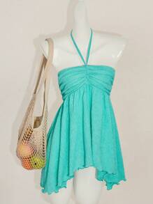 SHEIN ICON 夏季女式 Y2k V 领西部外出波西米亚海滩女士嬉皮绿松石娃娃装飘逸夏威夷纯色吊带背心，夏季时尚 - 薄荷綠 - 查看 1