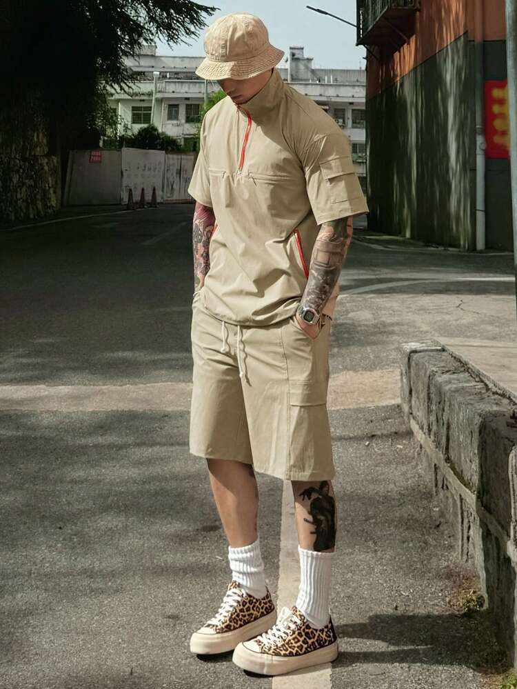 Conjunto de Camisa Polo de Zíper com Contraste Cáqui para Uso Externo no Verão para Homens
