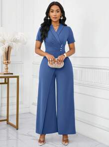 SHEIN Lady Mono de mujer sin mangas con frente cruzado y envolvente de unicolor, elegante para el verano - Azul - Ver 6