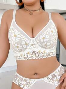 SHEIN 1pc Plus Size Wireless Lace Lingerie Bra, Thin Bottom, Dual Color - White - View 3