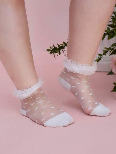 Kawaii 1 par de medias altas hasta la rodilla con forma de corazón blanco y encaje, lindas y dulces para mujeres