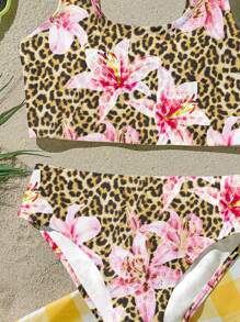 Tween Girls Leopard Lily Print Simple Cami Top And Triangle Brief Swimsuit Set, Suitable For Summer - Multicolor - View 3