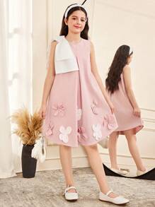 SHEIN Tween Girls' Loose Elegant Round Neck Sleeveless Floral Applique Bowknot Dress - Pink - View 5