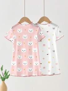 Baby Girls Cat Cartoon Pattern Casual Dress, 2-In-1 Set, Suitable For Summer - Multicolor - View 2